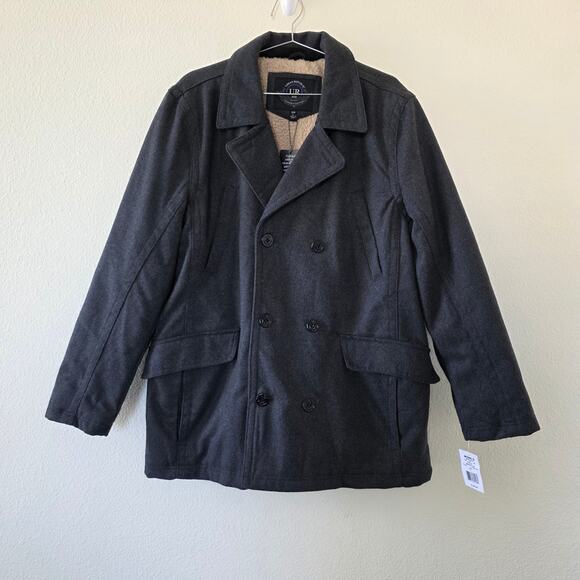 Urban Republic Charcoal Peacoat Jacket Sherpa Lined Double Breasted Men Size L - Picture 13 of 13